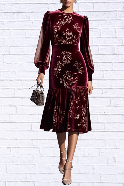 Velvet Floral Lantern Sleeve Midi Dress