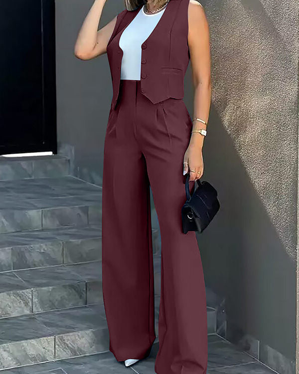Clidress Buttons Vest & City Pants 2 Pieces Set