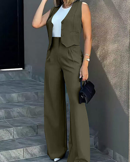 Clidress Buttons Vest & City Pants 2 Pieces Set