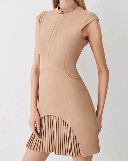 Clidress O Neck Chic Pleated Mini Dress