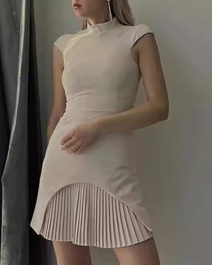 Clidress O Neck Chic Pleated Mini Dress