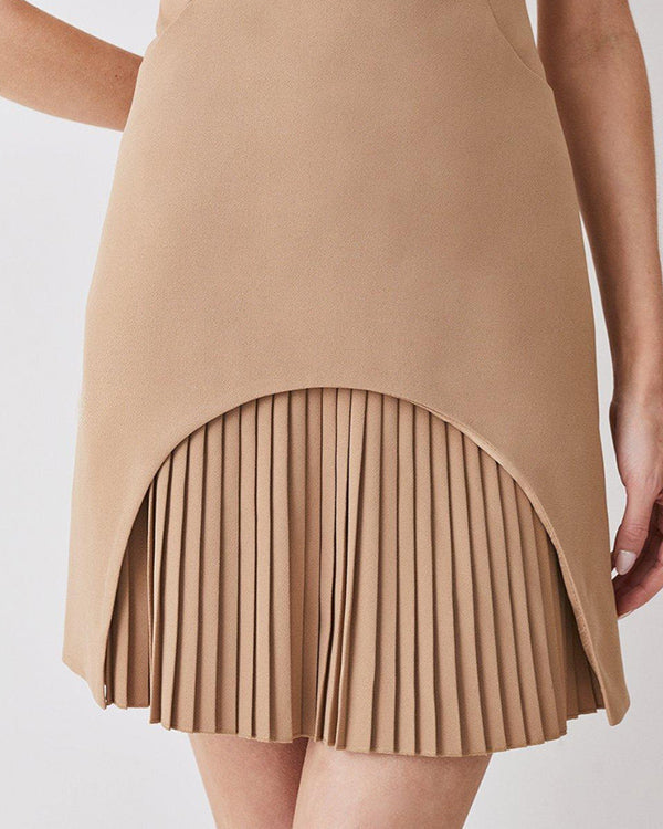 Clidress O Neck Chic Pleated Mini Dress