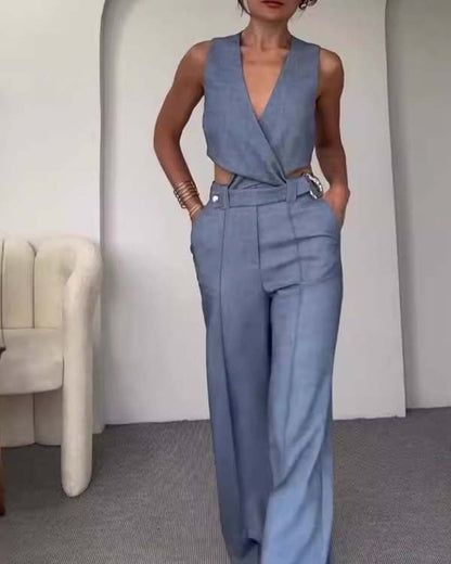 Clidress Wrap Crop Top & Wide Leg Pants Set