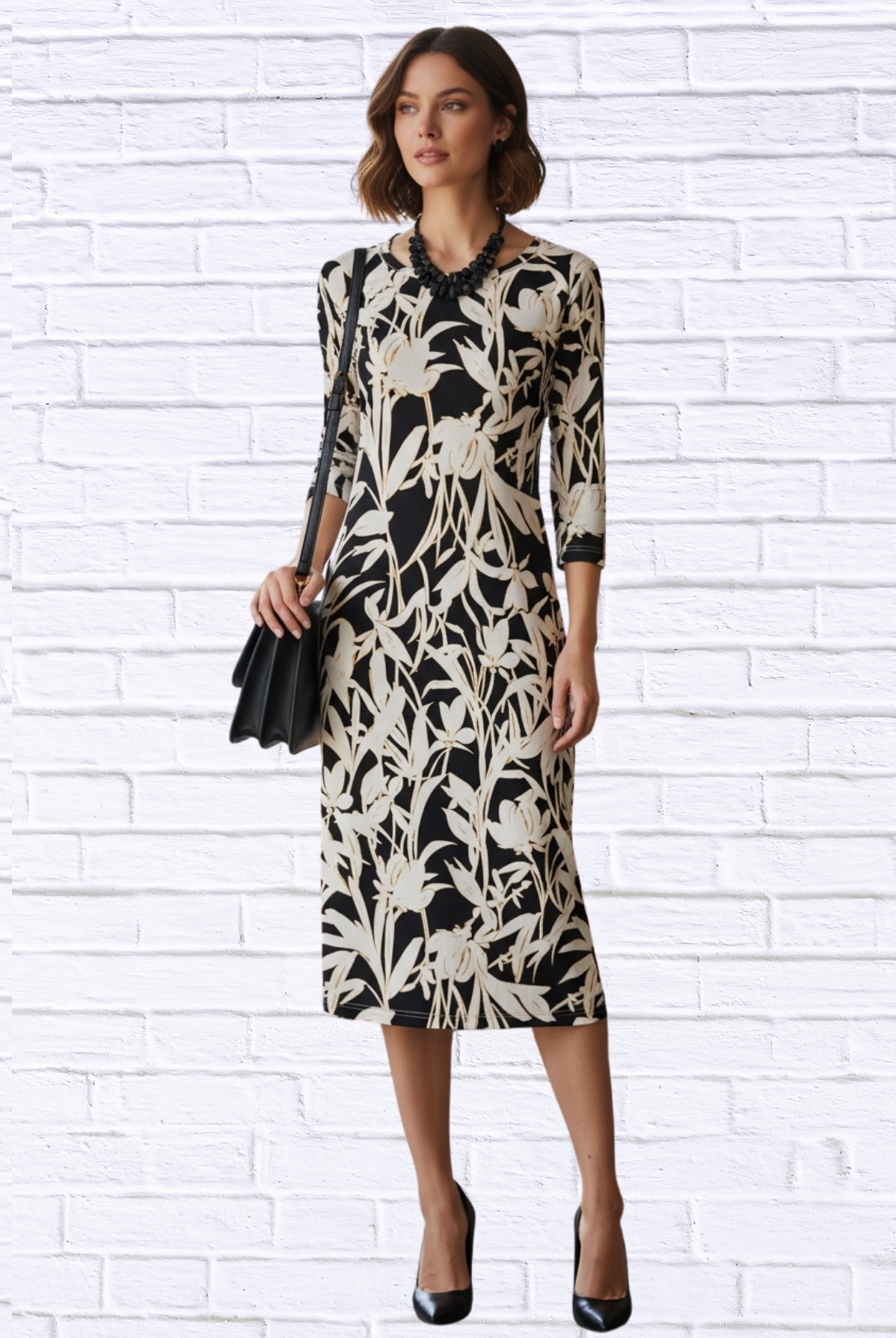 Black & Ivory Floral Knit Midi Dress – 3/4 Sleeve Stretch Bon Bon Dress Black White Gold