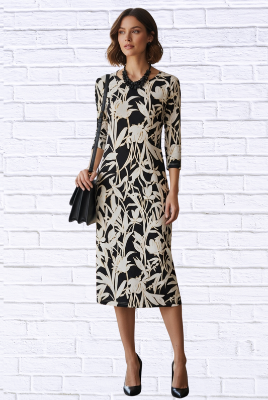 Black & Ivory Floral Knit Midi Dress – 3/4 Sleeve Stretch Bon Bon Dress Black White Gold