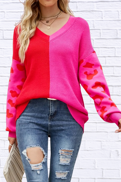 Color Block Leopard V-Neck Sweater Hot Pink