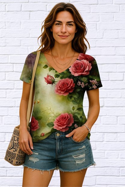 Vibrant Floral Print Short Sleeve V Neck T-Shirt