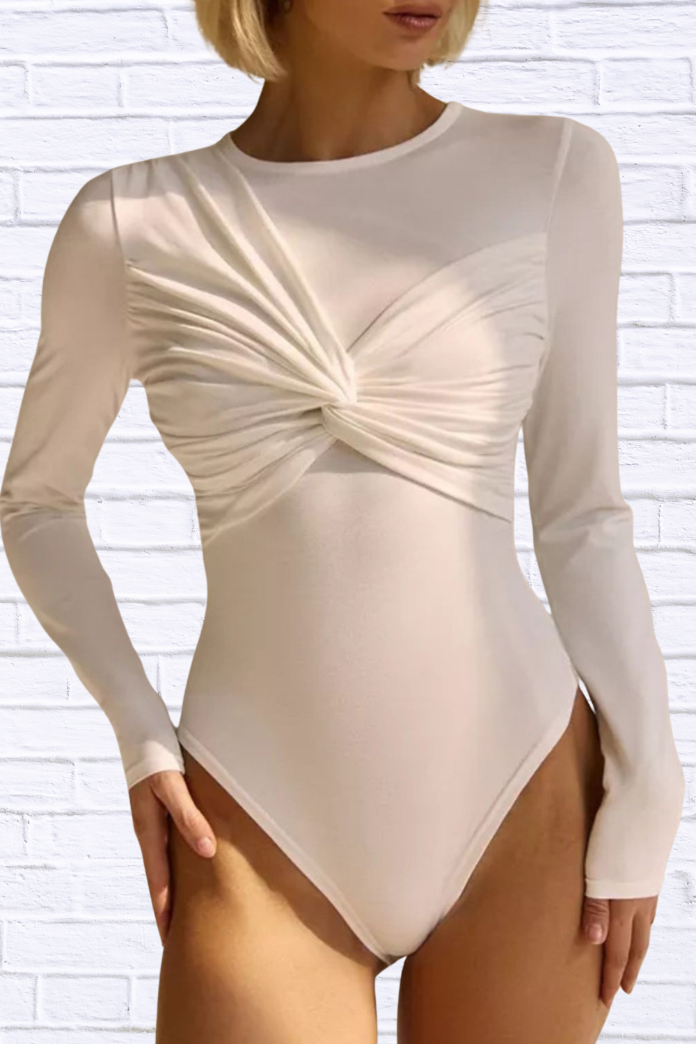 Twist Front Long Sleeve Bodysuit White