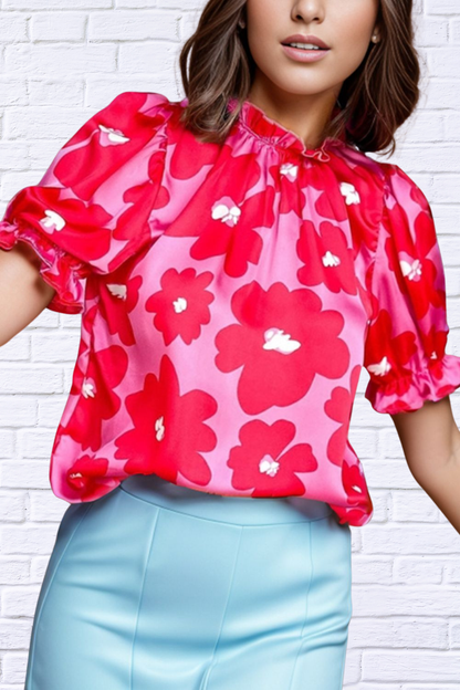 Ruffled Printed Floral Mock Neck Short Sleeve Blouse Deep Red S