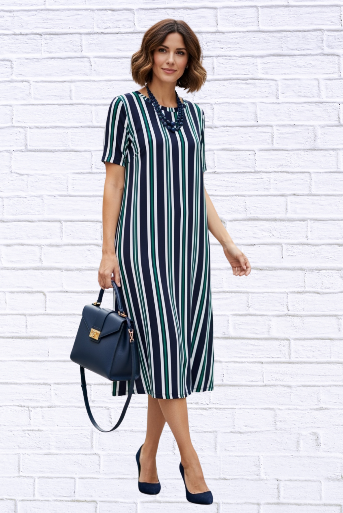 Striped Knit Bon Bon Dress – Short Sleeve Midi Dress with Stretch Comfort Stripe