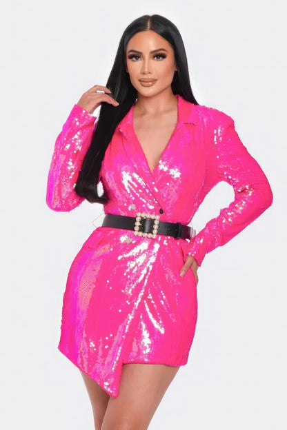 Elise's Hot Pink Pearl Belted Sequin Blazer Mini Dress