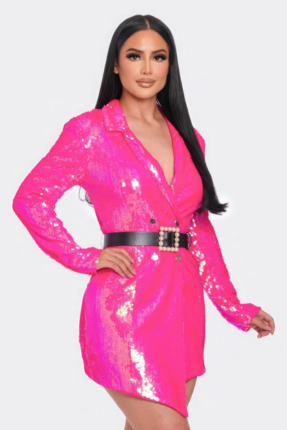 Elise's Hot Pink Pearl Belted Sequin Blazer Mini Dress
