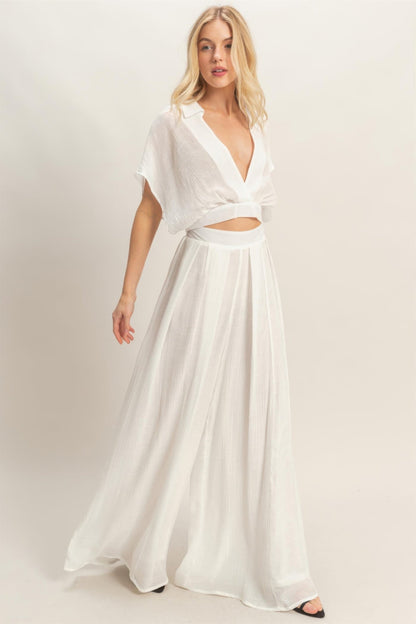 Collared Wrap Top & Wide-leg Pants Set