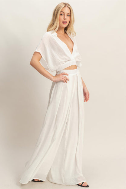 Collared Wrap Top & Wide-leg Pants Set