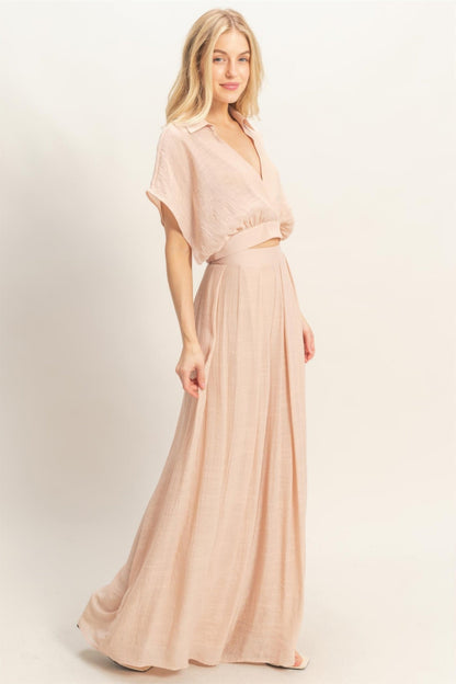 Collared Wrap Top & Wide-leg Pants Set