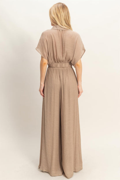 Collared Wrap Top & Wide-leg Pants Set