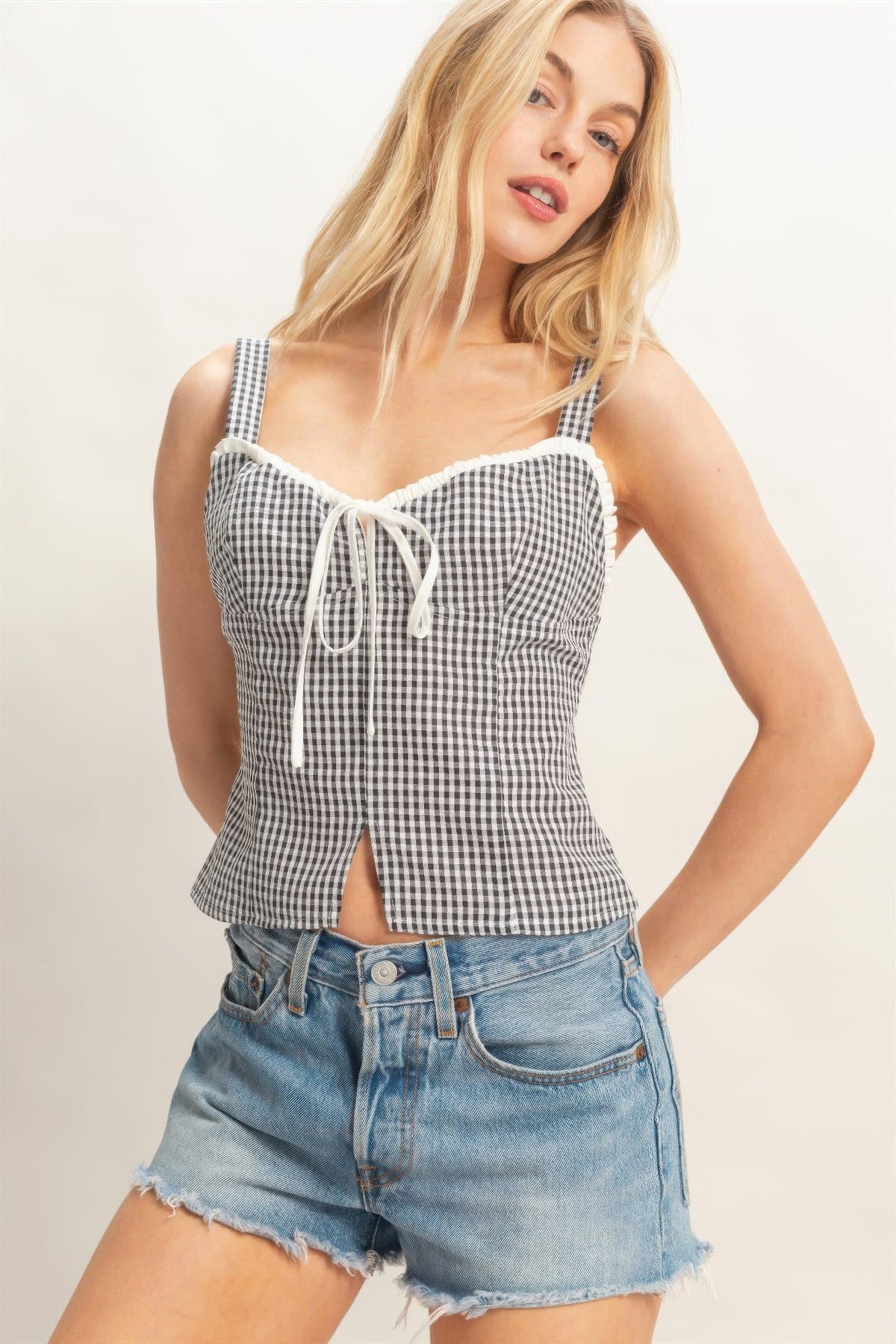 Gingham Tie Front Tank Top