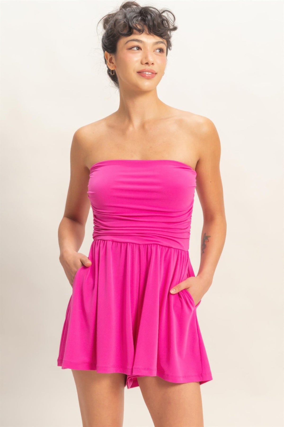 Strapless Shirred Waist Romper