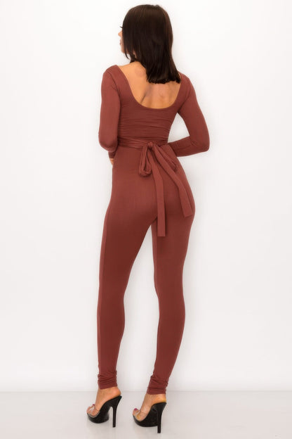 Front Shirring Back Tie Skinny Jumpsuit