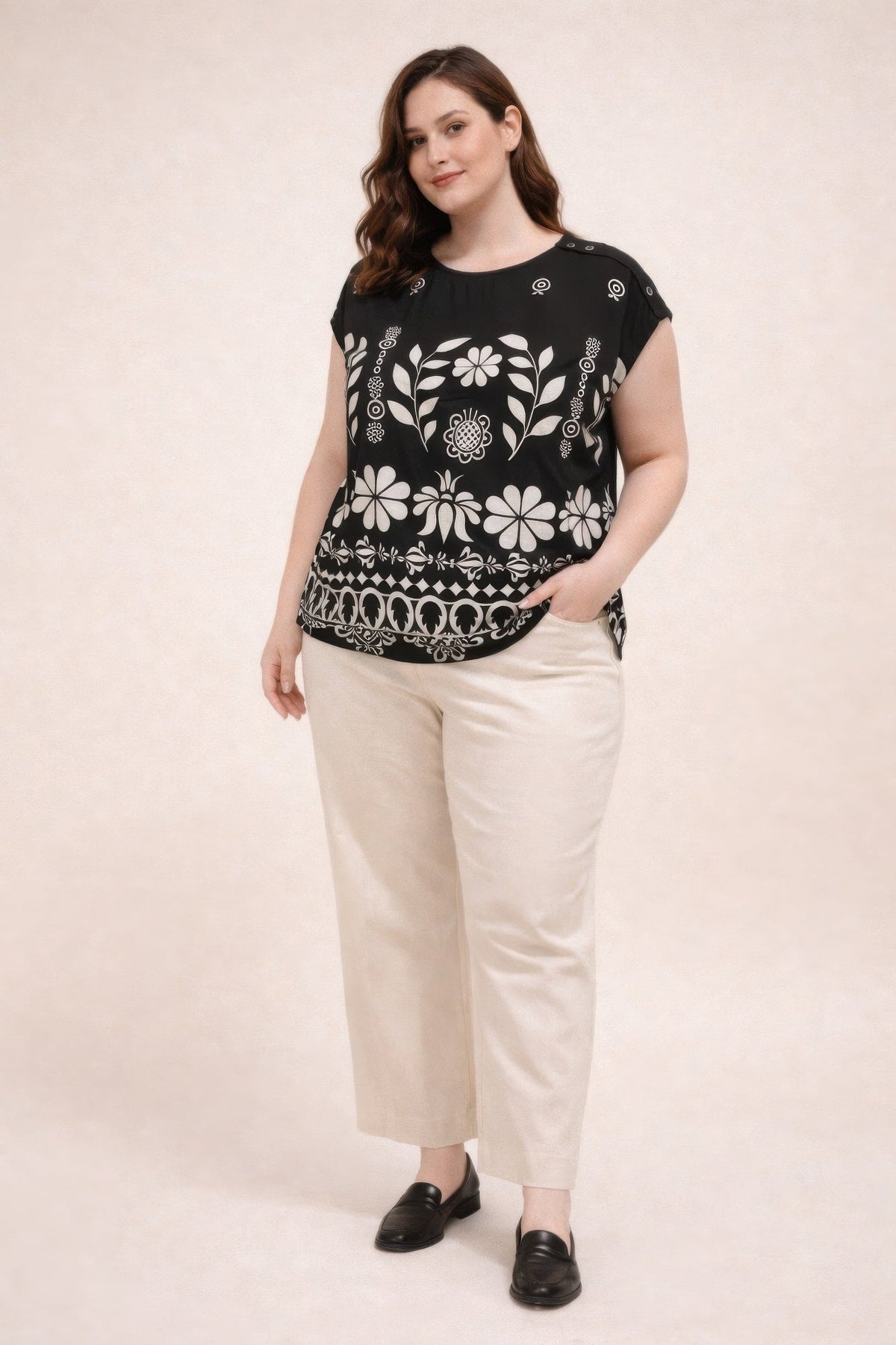 Plus Size Folk Floral Border Print Button-shoulder Top