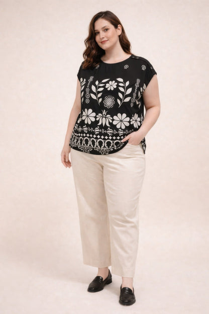 Plus Size Folk Floral Border Print Button-shoulder Top