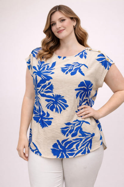 Plus Size Tropical Leaf Print Button-shoulder Top