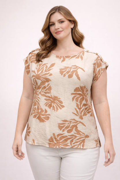Plus Size Tropical Leaf Print Button-shoulder Top