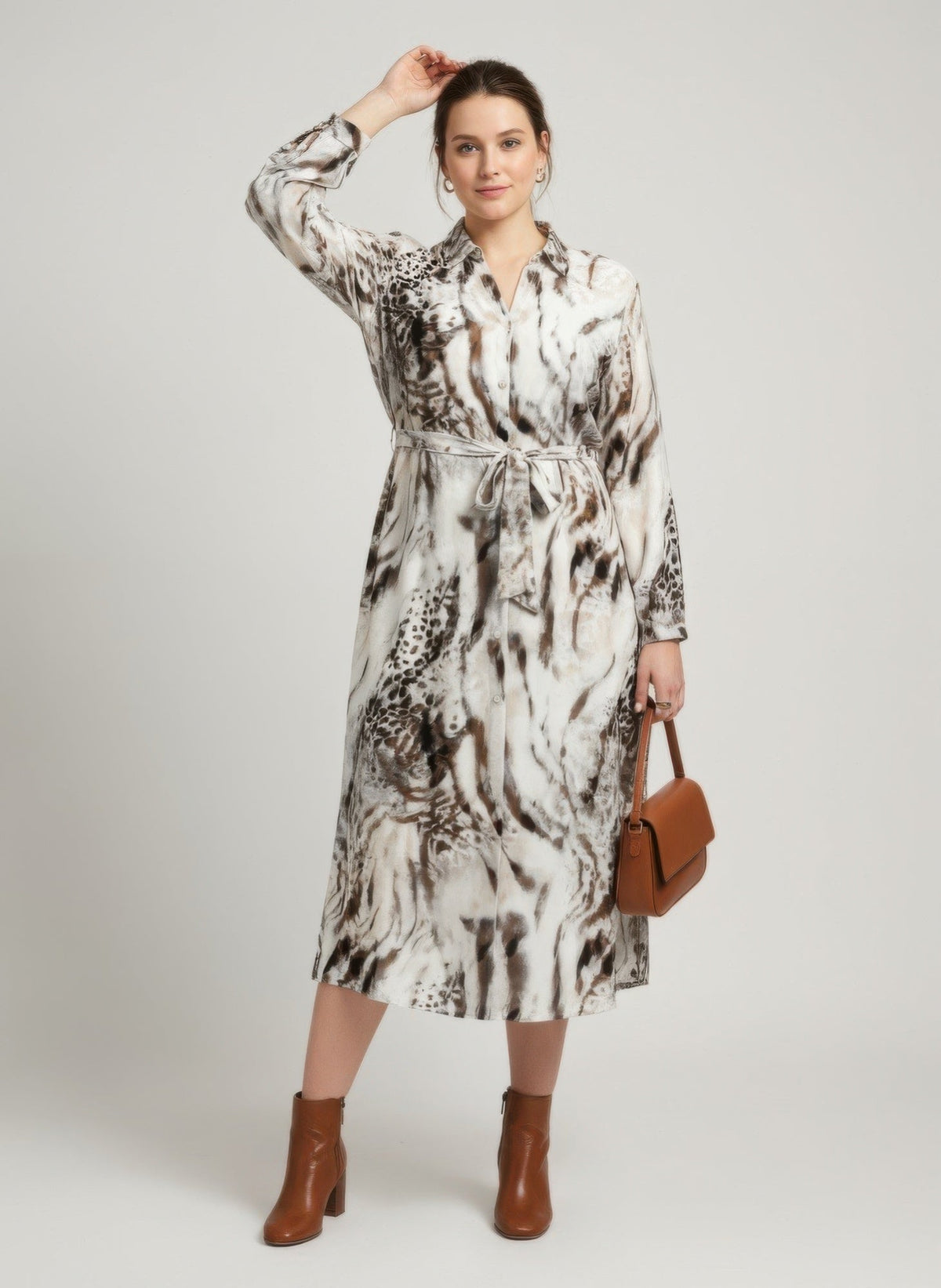 Animal Print Belted Button-front Midi Shirt Dress