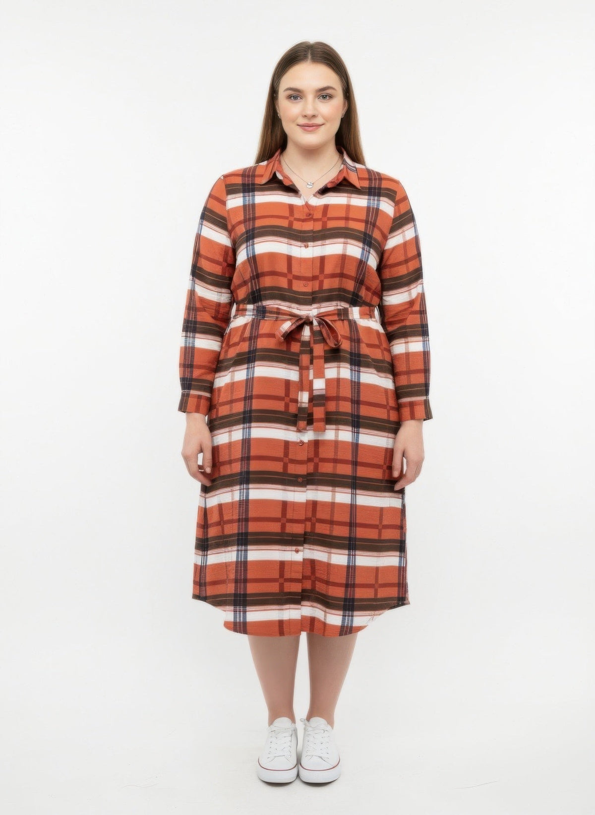 Button Front Midi Shirt Dress With Self Tie Belt