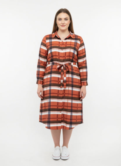 Button Front Midi Shirt Dress With Self Tie Belt