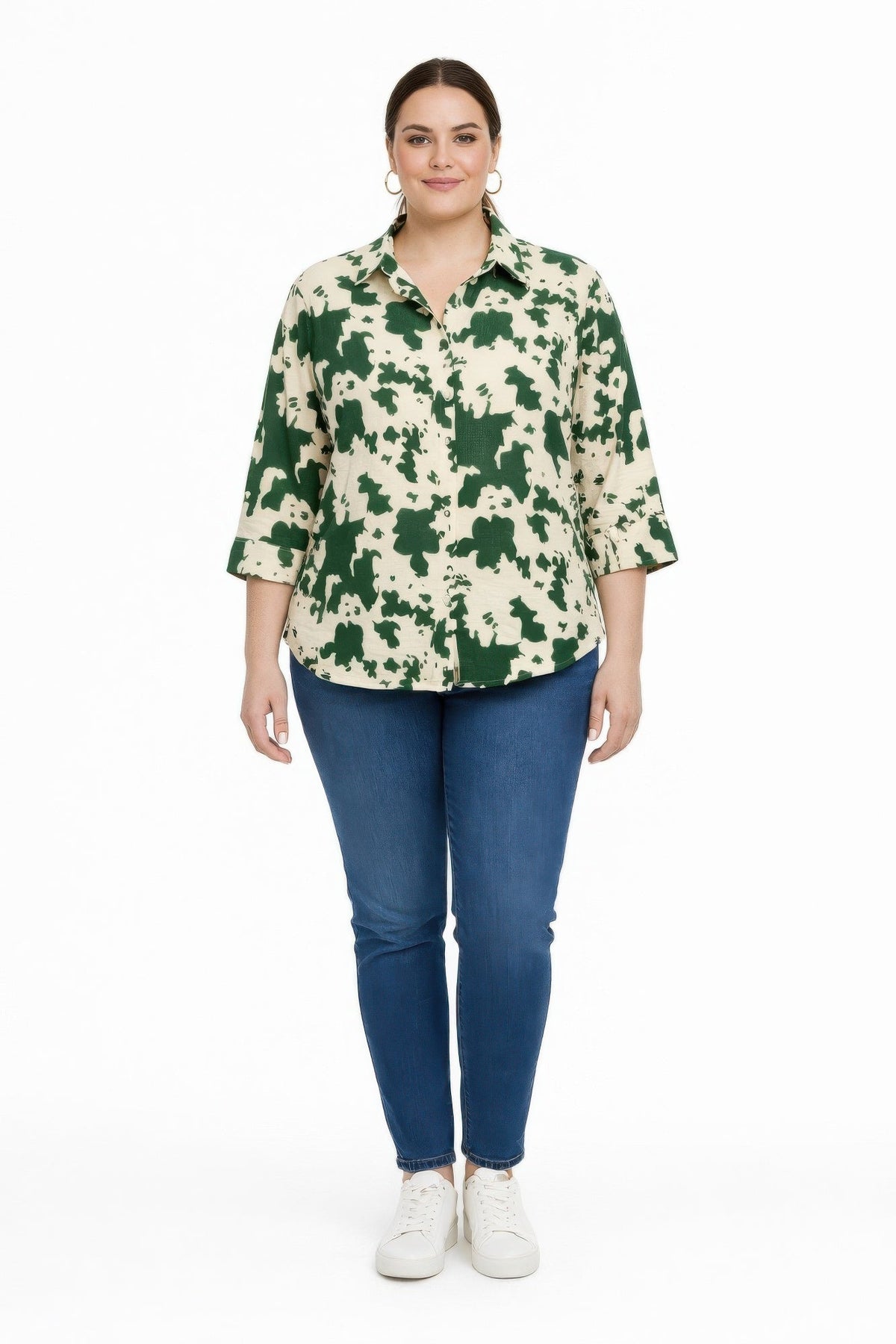 Cow Print 3/4 Sleeve Button-up Shirt