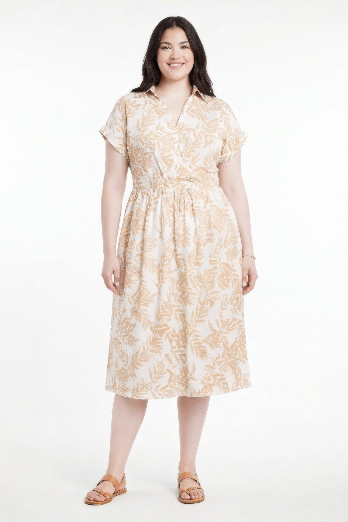 Botanical Print Collared Wrap Waist Midi Dress