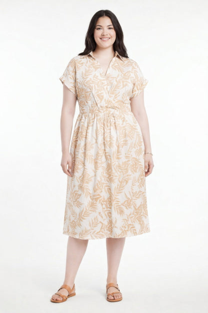 Botanical Print Collared Wrap Waist Midi Dress