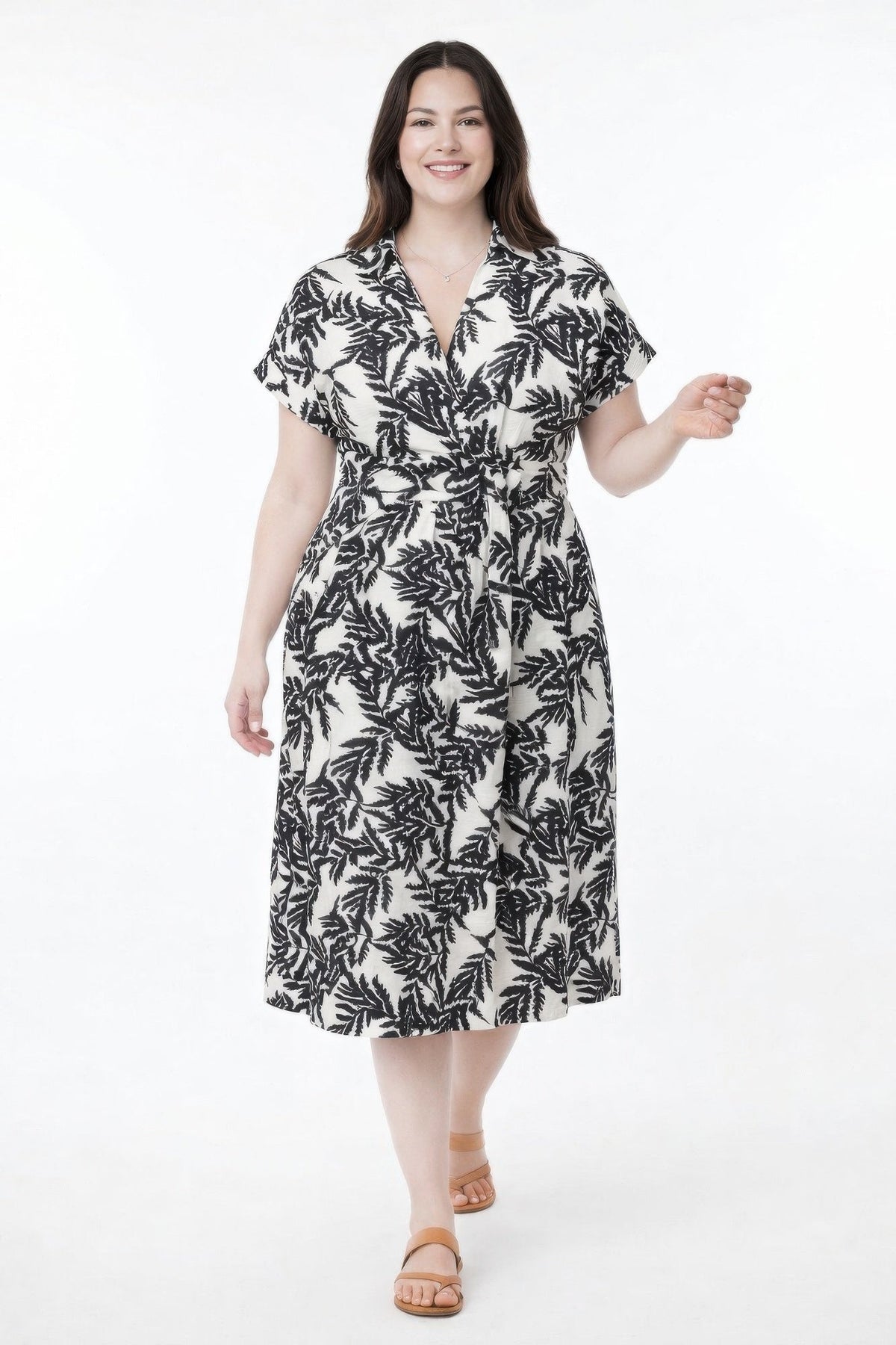 Botanical Print Collared Wrap Waist Midi Dress