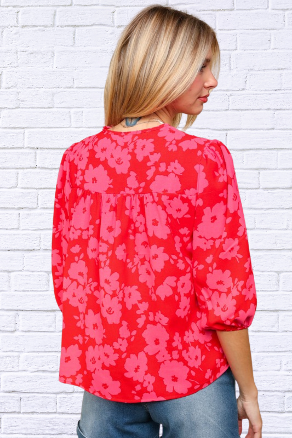 Full Size Ribbon Bow Floral Balloon Sleeve Blouse