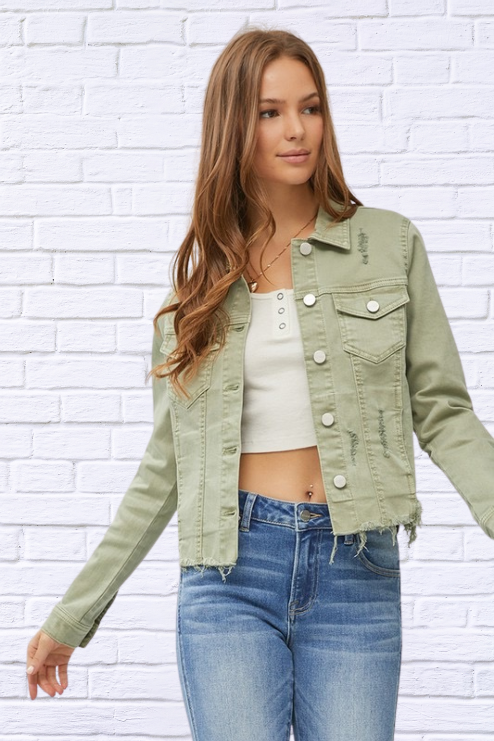 Full Size Raw Hem Button Up Cropped Denim Jacket Plus Size Sage