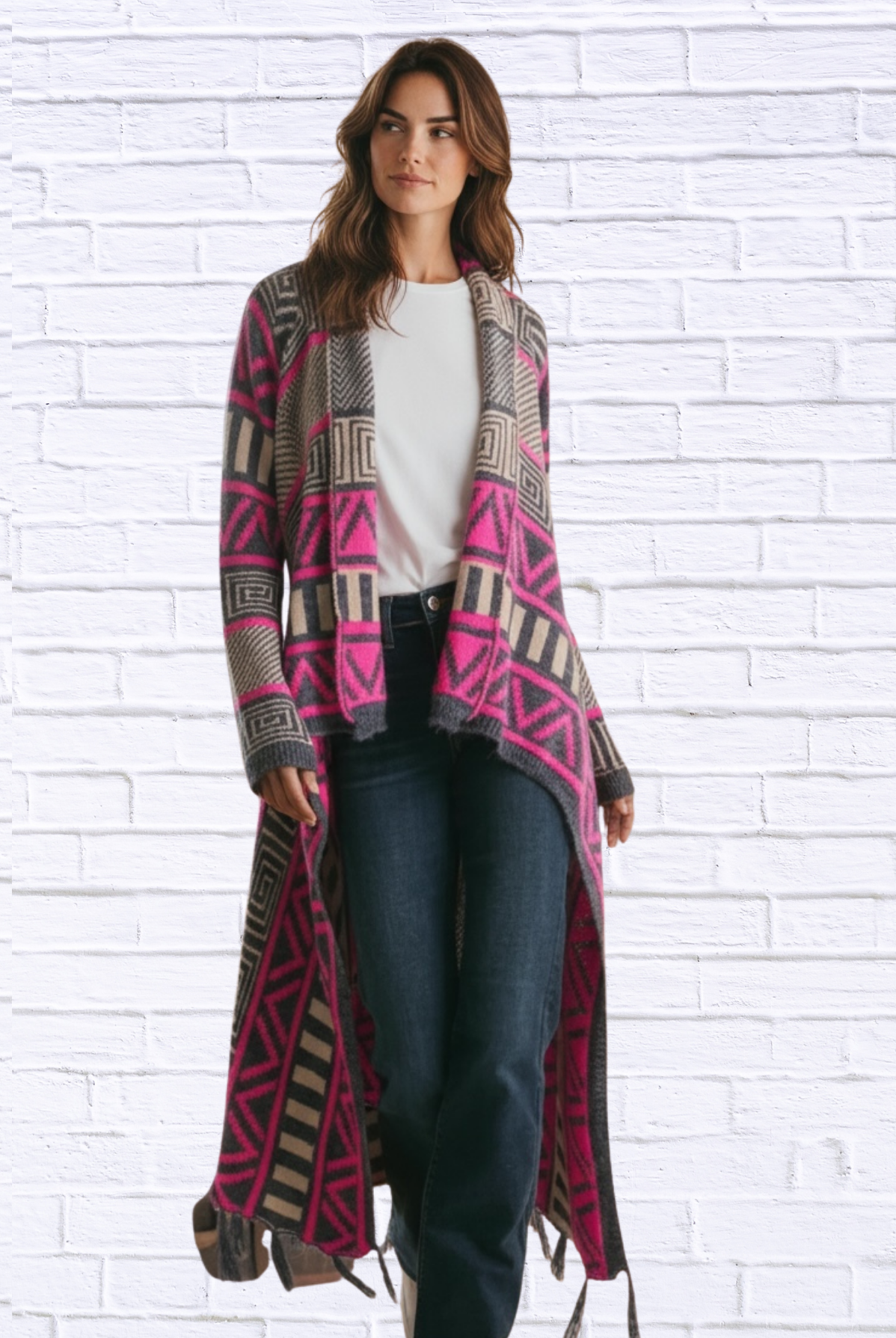 Printed Shawl Cardigan with Fringed Hem – Cozy, Stylish, and Perfect for Layering! small Pink and Black