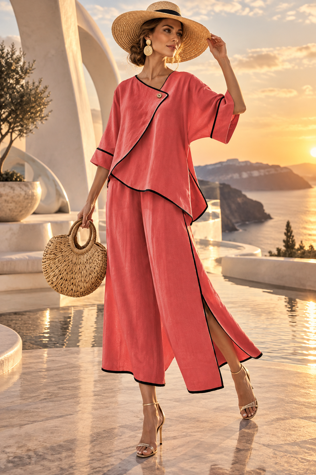 Full Size Contrast Trim Top and Wide Leg Pants Set Plus Size