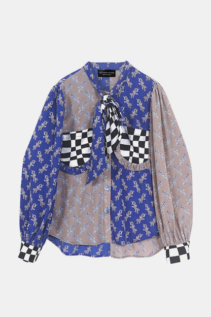 Checkered Frill Trim Pocket Puff Sleeve Shirt