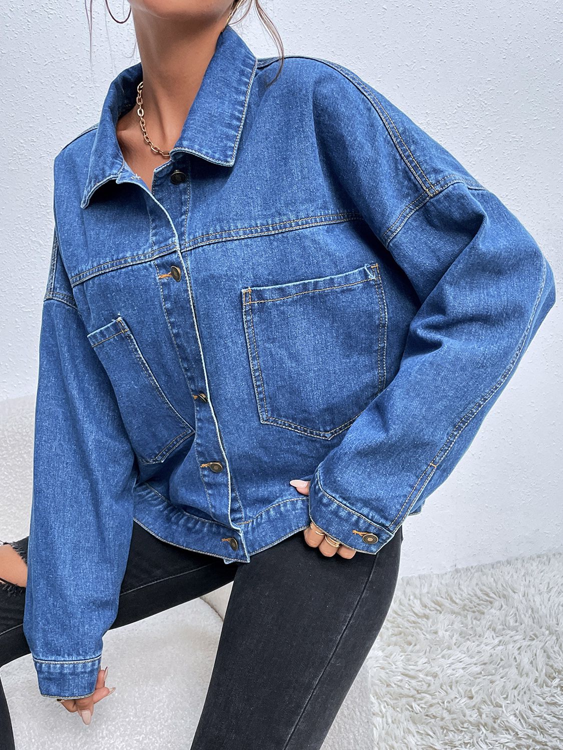 Bella's Collared Neck Dropped Shoulder Denim Jacket