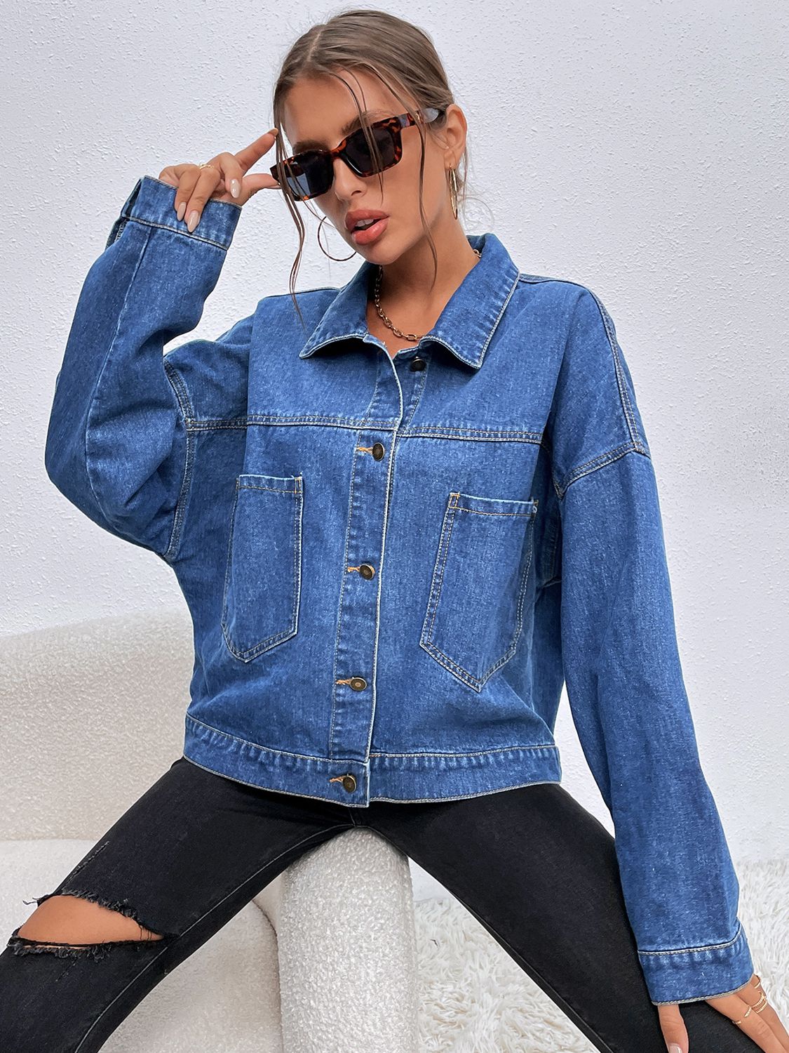 Bella's Collared Neck Dropped Shoulder Denim Jacket