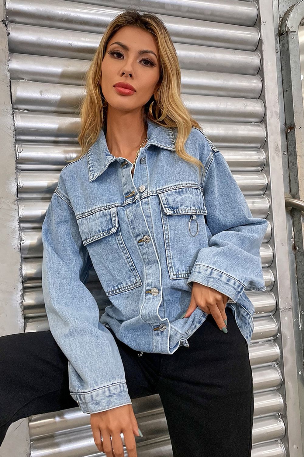 Tina's Collared Neck Dropped Shoulder Denim Jacket