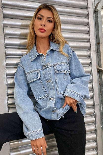 Tina's Collared Neck Dropped Shoulder Denim Jacket