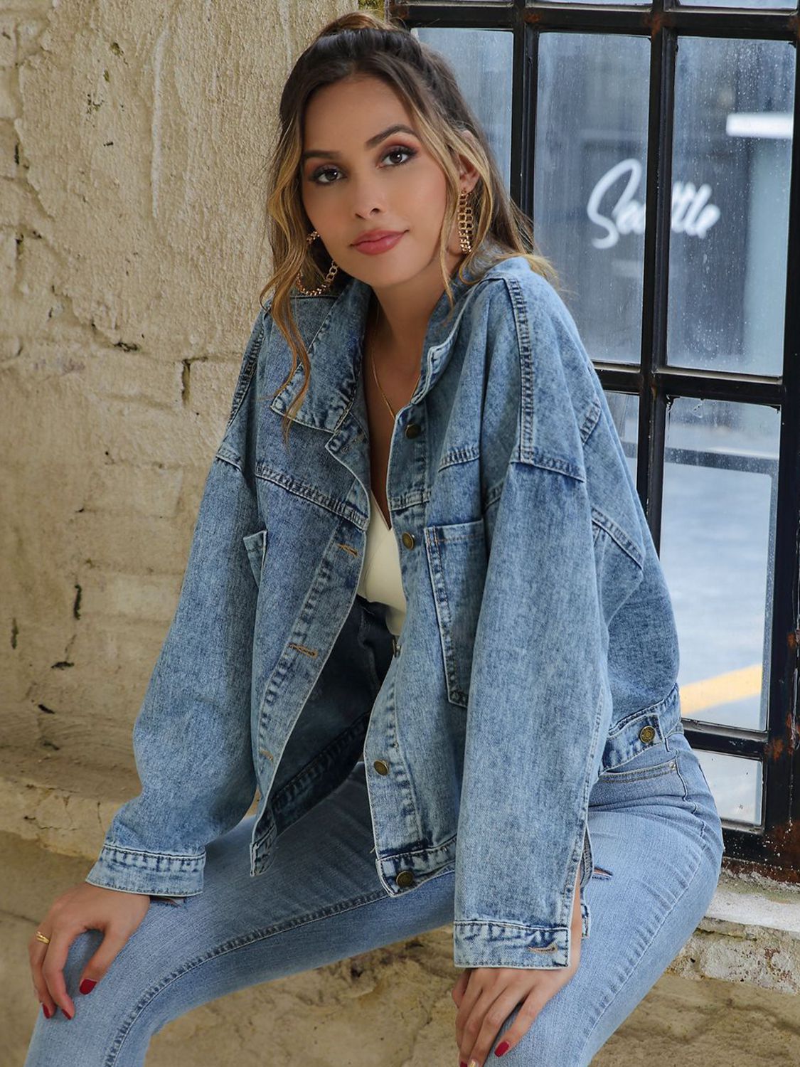Bella's Collared Neck Dropped Shoulder Denim Jacket