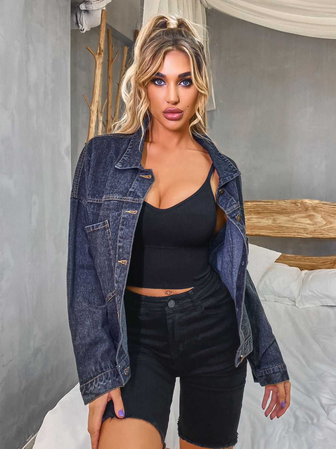 Bella's Collared Neck Dropped Shoulder Denim Jacket