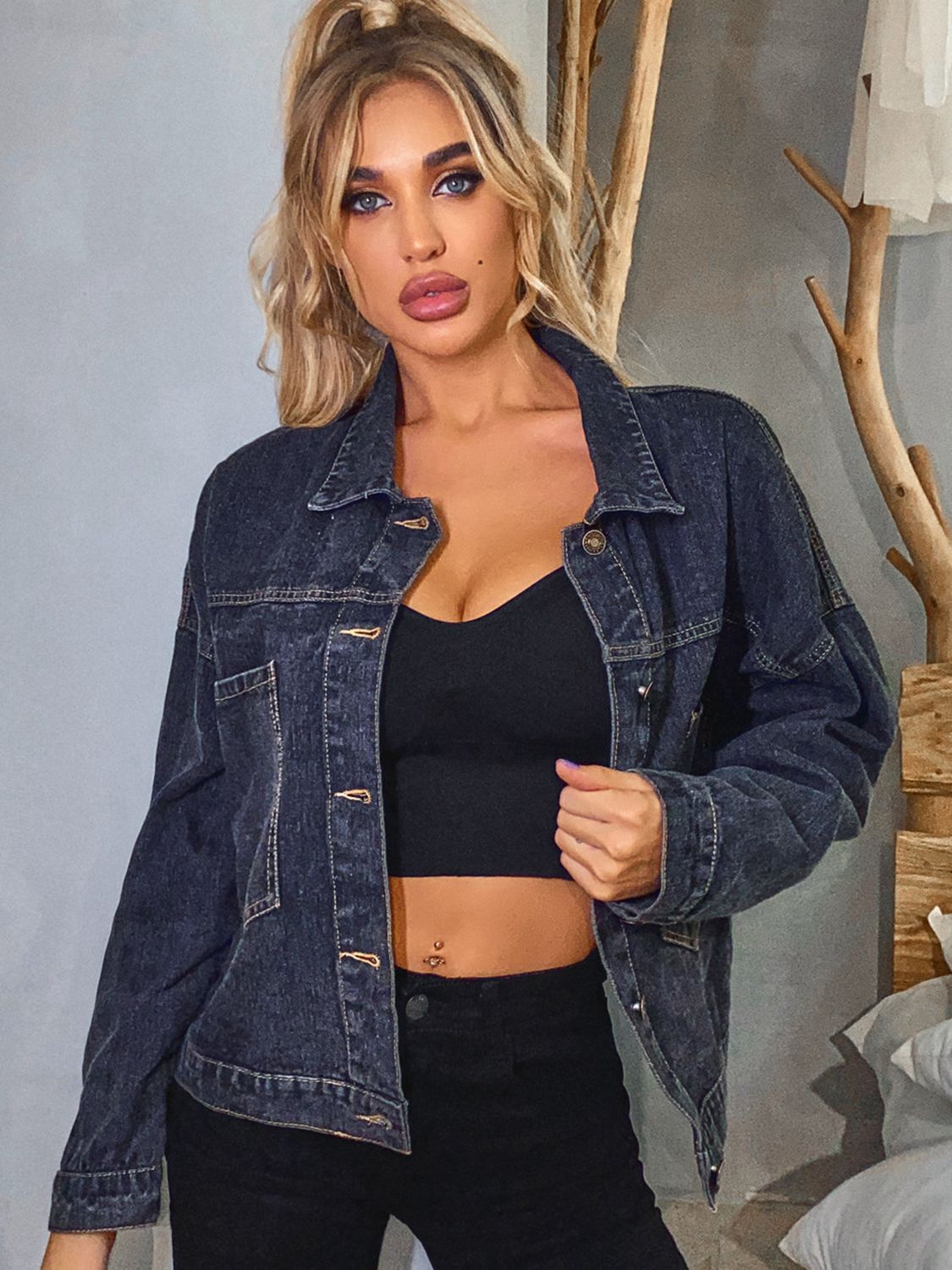 Bella's Collared Neck Dropped Shoulder Denim Jacket