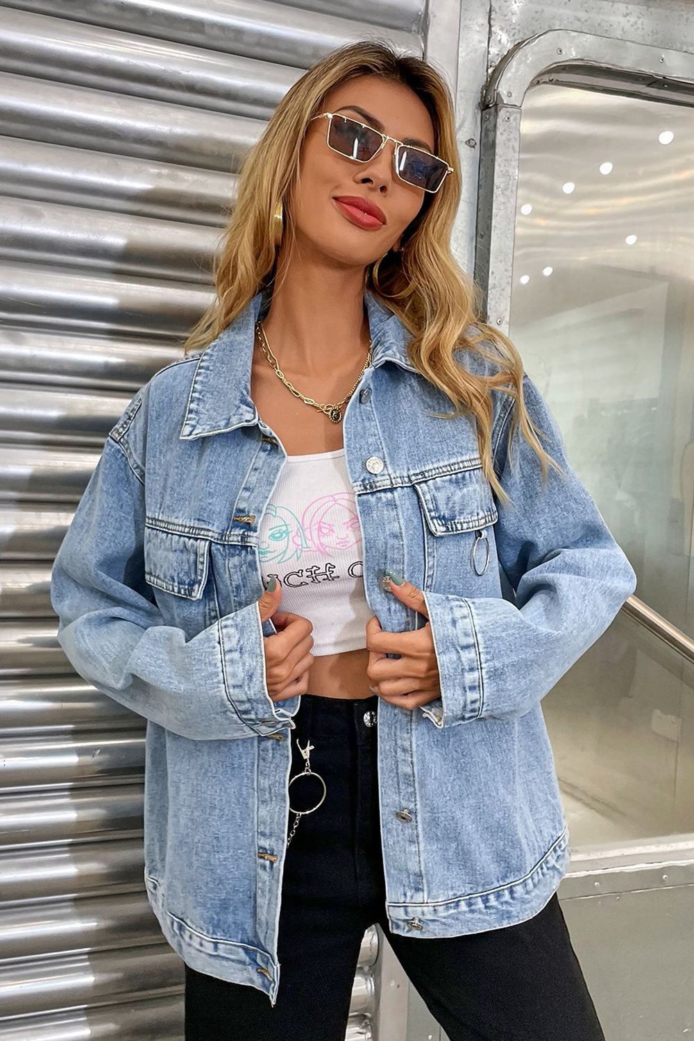 Tina's Collared Neck Dropped Shoulder Denim Jacket