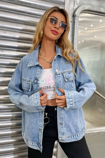Tina's Collared Neck Dropped Shoulder Denim Jacket