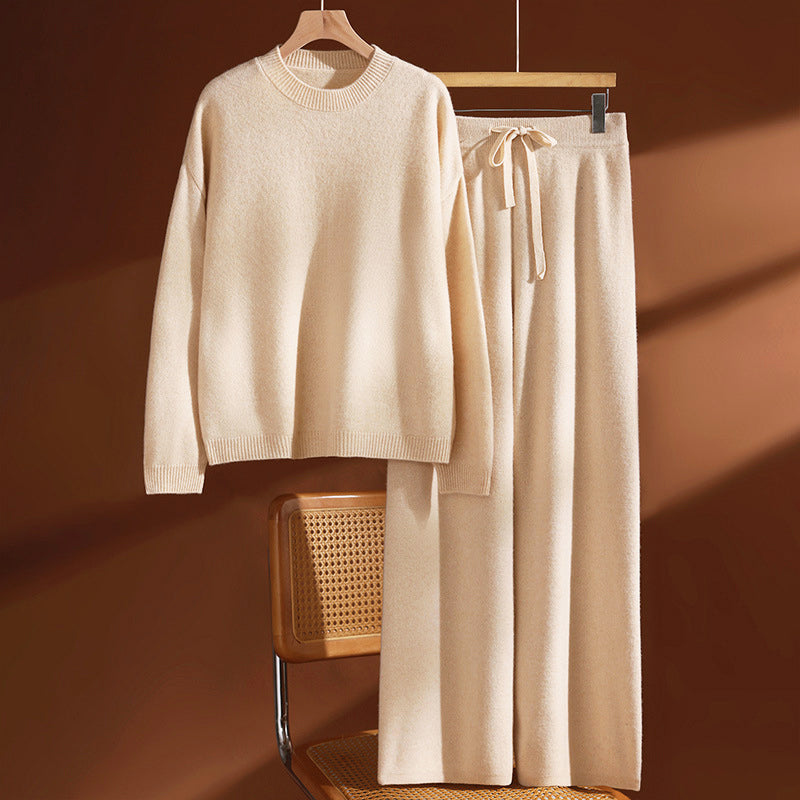 Wool Knit Crew Neck Sweater and Pants Set for Women