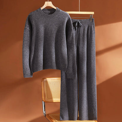Wool Knit Crew Neck Sweater and Pants Set for Women